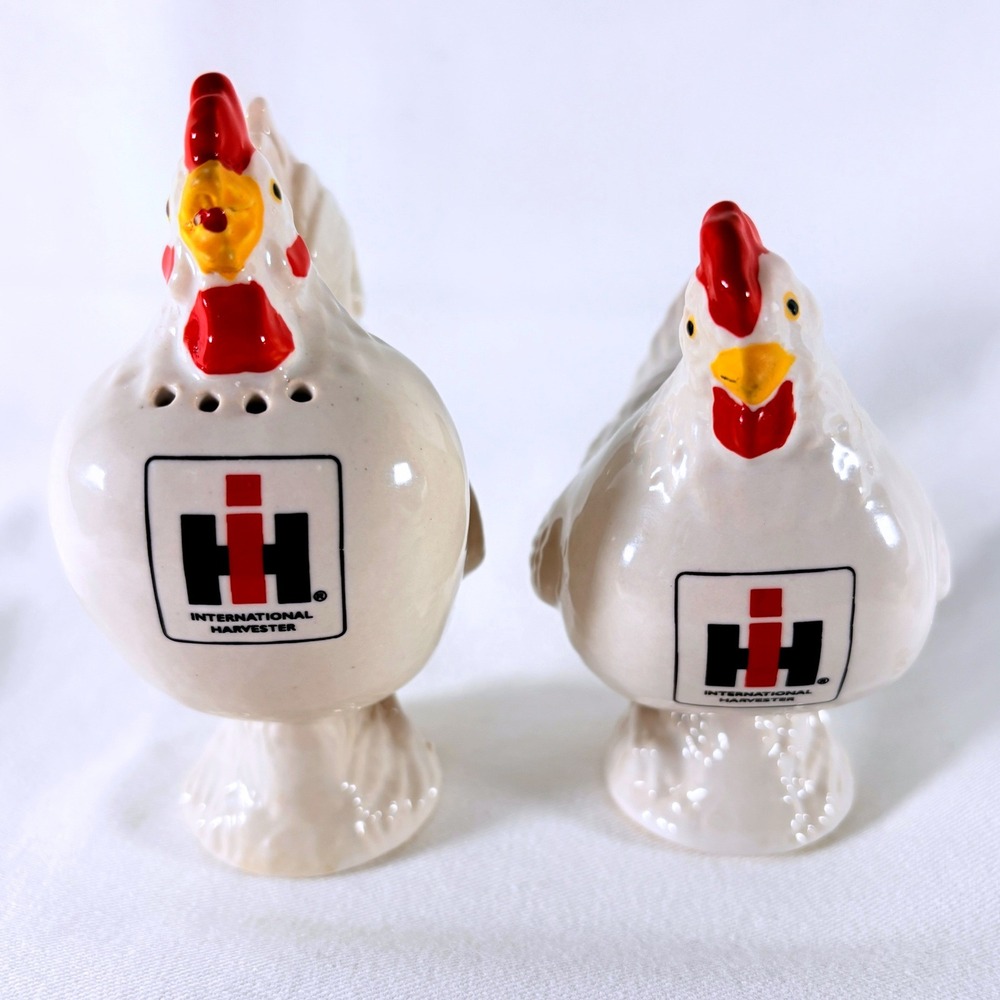 International Harvester Salt Pepper Shakers White Rooster Hen Farm Logo Set
